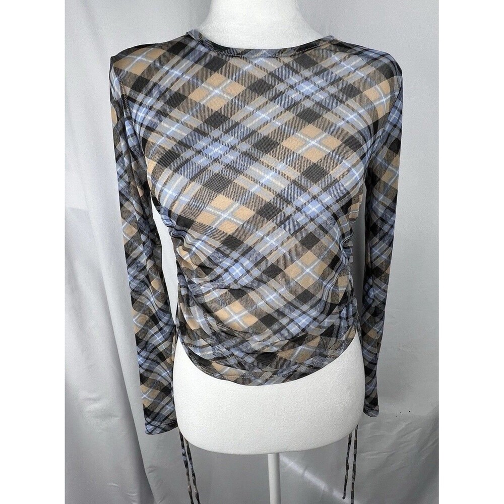 La La Land Creative Co XS Sheer Mesh Plaid Top Ruched Drawstring Y2K Long Sleeve